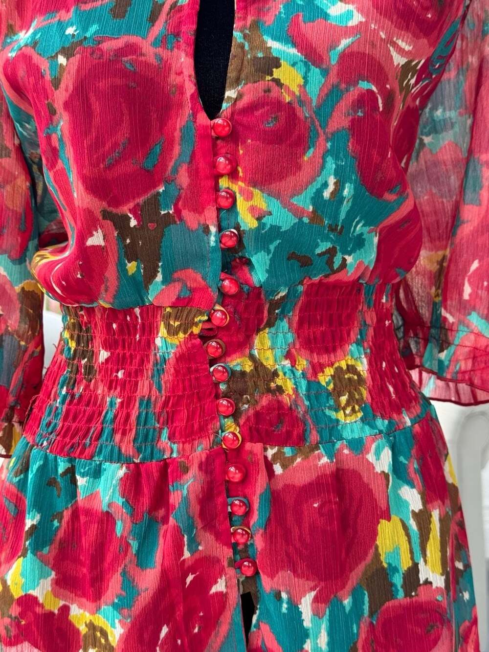 Sexy metrostyle Floral Print Mock Neck Smocked Waist Blouse Size 14 - Picture 2 of 8